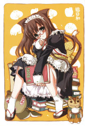 Rule 34 | 1girl, absurdres, animal ears, bell, blush, book, brown hair, cat ears, cat tail, frills, glasses, green eyes, highres, long hair, maid, maid headdress, obi, sandals, sash, shaa, sitting, socks, solo, source request, tail