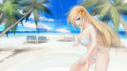 Rule 34 | 1girl, beach, beach umbrella, bikini, blonde hair, braid, breasts, cleavage, day, flower, hair flower, hair ornament, holding hands, highres, large breasts, lexington (warship girls r), liu lan, long hair, looking at viewer, one eye closed, open mouth, outdoors, palm tree, sky, smile, solo focus, swimsuit, tree, umbrella, warship girls r