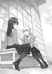 Rule 34 | 2girls, bench, braid, building, eyebrows, female focus, full body, highres, jacket, leaning forward, long hair, long sleeves, looking at another, monochrome, multiple girls, nakatani nio, nanami touko, official art, open mouth, outdoors, pantyhose, pleated skirt, reflection, saeki sayaka, shoes, sitting, skirt, sleeves past elbows, talking, window, yagate kimi ni naru, yagate kimi ni naru: saeki sayaka ni tsuite