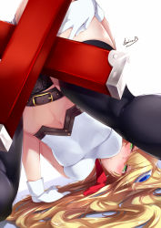 Rule 34 | 1girl, arm support, ass, bad id, bad pixiv id, bare shoulders, belt, belt buckle, bent over, black thighhighs, blazblue, blonde hair, blush, breasts, buckle, closed mouth, commentary request, crop top, cropped legs, from behind, gainoob, gloves, gold trim, green eyes, hair ornament, hand on own leg, kneepits, long hair, looking at viewer, looking back, looking through own legs, medium breasts, midriff, navel, necktie, no pants, noel vermillion, panties, red necktie, shirt, signature, simple background, sleeveless, sleeveless shirt, solo, spread legs, stomach, thighhighs, thighs, top-down bottom-up, underwear, upside-down, very long hair, white background, white gloves, white shirt