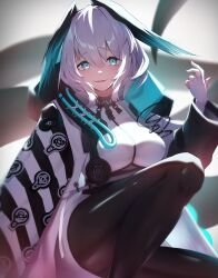 Rule 34 | 1girl, absurdres, arknights, black collar, black pantyhose, blue eyes, blush, breasts, collar, fangs, gloves, grey hair, hair between eyes, hand up, head wings, highres, ho&#039;olheyak (arknights), infection monitor (arknights), large breasts, long sleeves, looking at viewer, pantyhose, parted lips, shirt, short hair, smile, solo, thighs, white gloves, white shirt, wings, worimehl