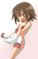 Rule 34 | 00s, 1girl, angry, brown eyes, brown hair, clothes in front, covering privates, embarrassed, fang, kusakabe misao, lucky star, nude, nude cover, school uniform, serafuku, short hair, solo