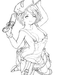 Rule 34 | 1girl, :p, ass, breasts, butt crack, cait aron, djeeta (granblue fantasy), granblue fantasy, greyscale, gun, mechanic (granblue fantasy), medium breasts, monochrome, naked overalls, overalls, sketch, tongue, tongue out, weapon, welding mask