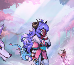 Rule 34 | 1girl, 1other, ahoge, arm at side, arm up, bow, bow (weapon), braid, brown gloves, day, from side, fur trim, gloves, grey pants, hair bow, hand on own face, hand up, holding, holding bow (weapon), holding weapon, horns, kindred (league of legends), lamb (league of legends), league of legends, long hair, long sleeves, mask, multicolored hair, orange bow, orange eyes, outdoors, pants, phantom ix row, sheep girl, spirit blossom kindred, standing, tree, two-tone hair, weapon, wolf (league of legends)