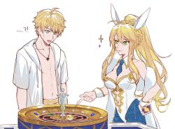 Rule 34 | 1boy, 1girl, animal ears, arthur pendragon (fate), arthur pendragon (hero on the beach) (fate), artoria pendragon (all), artoria pendragon (fate), artoria pendragon (swimsuit ruler) (fate), blue pantyhose, bow, bowtie, commentary, csyday, detached collar, english commentary, fake animal ears, fate/grand order, fate (series), feather boa, green eyes, hand on own hip, jewelry, leotard, necklace, pantyhose, playboy bunny, pointing, ponytail, rabbit ears, roulette table, simple background, table, white background, wrist cuffs