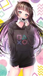 Rule 34 | 1girl, black hair, black hoodie, black horns, blunt bangs, blush, collarbone, colored inner hair, commentary request, controller, cowboy shot, dualshock, earrings, floating hair, game controller, gamepad, green eyes, green nails, head tilt, highres, holding, holding controller, holding game controller, hood, hoodie, hoodie tug, horns, jewelry, light particles, long hair, long sleeves, mole, mole under eye, multicolored hair, multicolored nails, original, pink hair, pink nails, playstation controller, playstation symbols, product placement, purple nails, red nails, sleeves past wrists, solo, very long hair, white background, yugaa