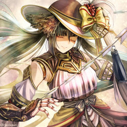 Rule 34 | 1girl, android, black hair, closed eyes, closed mouth, doll (ys), doll joints, floating hair, hair between eyes, hat, joints, long hair, smile, solo, sun hat, sushi (sashimise), twintails, very long hair, yellow hat, ys, ys ix monstrum nox