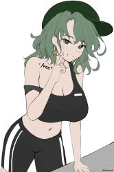 Rule 34 | 1girl, absurdres, alternate costume, bare shoulders, bike shorts, black shorts, black sports bra, breasts, cabbie hat, cleavage, collarbone, dobostorte, english text, flat cap, green eyes, green hair, green hat, grin, groin, hat, highres, large breasts, leaning forward, medium hair, midriff, navel, pointing, pointing at self, shorts, simple background, smile, solo, sports bra, stomach, strap slip, table, tattoo, touhou, unfinished, white background, yamashiro takane