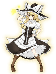 Rule 34 | 1girl, \m/, alternate costume, bad id, bad pixiv id, blonde hair, boots, cleavage cutout, clothing cutout, copycat (dryfood), copycat (homura), curiosities of lotus asia, female focus, hand on own hip, hat, highres, hip focus, kirisame marisa, petticoat, short hair, solo, touhou, witch, witch hat, yellow eyes