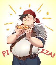 Rule 34 | 1boy, ammunition belt, armor, bandana, belt, black hair, blush, cheese, crow0cc, denim, eating, english text, closed eyes, fat, fat man, final fantasy, final fantasy vii, final fantasy vii remake, food, highres, jeans, layered shirt, pants, pizza, red bandana, short hair, shoulder armor, sleeves rolled up, solo, square enix, wedge (ff7), yellow background