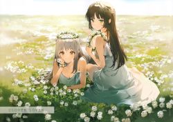 Rule 34 | 2girls, absurdres, anmi, bare shoulders, barefoot, black hair, blush, braid, breasts, brown eyes, brown hair, cleavage, closed mouth, collarbone, day, dress, field, flower, flower field, full body, grass, green eyes, hair ornament, head rest, head wreath, highres, holding, huge filesize, long hair, looking at viewer, lying, medium breasts, multiple girls, off shoulder, on stomach, original, outdoors, scan, silver hair, simple background, sleeveless, sleeveless dress, smile