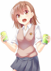 Rule 34 | 1girl, blush, breasts, brown eyes, brown hair, can, commentary request, cowboy shot, drink can, flower, grey skirt, hair between eyes, hair flower, hair ornament, head tilt, hisae (hisae collect), holding, holding can, looking at viewer, miniskirt, misaka mikoto, open mouth, pleated skirt, school uniform, shirt, short hair, simple background, skirt, small breasts, soda can, solo, standing, sweater vest, toaru majutsu no index, tokiwadai school uniform, white background, white shirt, wing collar