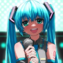Rule 34 | 1girl, blue hair, blue nails, blush, commentary, detached sleeves, green eyes, hatsune miku, highres, holding, holding microphone, looking at viewer, microphone, nail polish, open mouth, smile, solo, sweat, teeth, upper body, upper teeth only, vocaloid, yachima tana