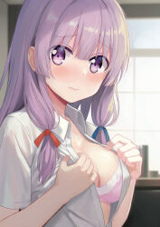 Rule 34 | 1girl, absurdres, blurry, blurry background, blush, bra, breasts, frown, hair ribbon, highres, hoshimitooni, indoors, large breasts, long hair, looking at viewer, open clothes, open shirt, patchouli knowledge, purple eyes, purple hair, ribbon, short sleeves, solo, touhou, unbuttoned, unbuttoned shirt, underwear, upper body