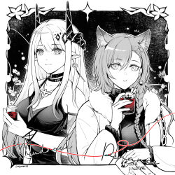 Rule 34 | 2girls, animal ears, arknights, border, braid, breasts, character name, coat, commentary, drink, earrings, english commentary, fur coat, highres, holding, holding drink, horns, jewelry, long hair, looking at viewer, medium breasts, miyaji (miyaji0517), mudrock (arknights), mudrock (obsidian) (arknights), multiple girls, parted lips, penance (arknights), penance (occasionally flushed) (arknights), pointy ears, single earring, smile, spot color, string, string of fate, trait connection, twitter username, wolf ears