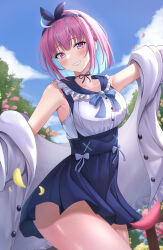 Rule 34 | 1girl, absurdres, adapted costume, anchor symbol, blue choker, blue hair, blue hairband, blue ribbon, blue skirt, bob cut, breasts, choker, cloud, collar, colored inner hair, frilled collar, frills, hairband, highres, hololive, jacket, large breasts, looking at viewer, minato aqua, minato aqua (sailor), multicolored hair, official alternate costume, pink hair, purple eyes, ribbon, ribbon choker, sailor collar, shinigami kiraki, short hair, skirt, smile, solo, two-tone hair, virtual youtuber, white jacket