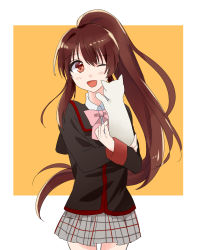 Rule 34 | 1girl, bad id, bad pixiv id, brown hair, cat, domaro yui, highres, lennon, little busters!, long hair, natsume rin, one eye closed, ponytail, red eyes, school uniform, solo, very long hair