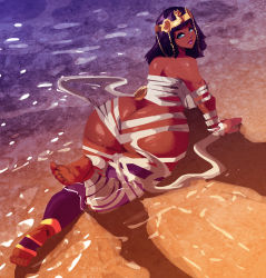 Rule 34 | 1girl, all fours, ass, bandages, barefoot, butt crack, capcom, curvy, dark-skinned female, dark skin, doughnut, egyptian, feet, female focus, food, from behind, highres, huge ass, looking at viewer, looking back, lying, menat, riendonut, shiny skin, smile, solo, street fighter, street fighter v, tagme, wide hips