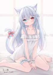 1girl :| animal_ear_fluff animal_ears bare_shoulders blue_eyes blush bow breasts cat_ears cat_girl cat_tail cleavage closed_mouth collarbone commentary_request commission dress frilled_wrist_cuffs frills grey_hair hair_ornament hairpin heterochromia highres indie_virtual_youtuber kanzaki_ririka long_hair looking_at_viewer medium_breasts mochizuki_riku multiple_hairpins red_bow red_eyes second-party_source sitting skeb_commission solo tail tail_bow tail_ornament thigh_strap very_long_hair virtual_youtuber wariza white_dress white_wrist_cuffs wrist_cuffs