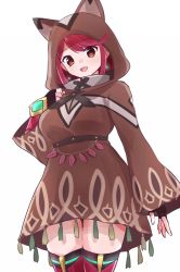 Rule 34 | 1girl, alternate costume, animal ears, blush, breasts, earrings, fingerless gloves, gloves, glowing, hand on own chest, jewelry, large breasts, looking at viewer, madanai (morisumeshi), nintendo, open mouth, pyra (xenoblade), red eyes, red hair, simple background, smile, solo, swept bangs, thighhighs, white background, xenoblade chronicles (series), xenoblade chronicles 2