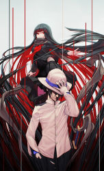 Rule 34 | 1boy, 1girl, absurdly long hair, arm up, black hair, black scarf, black shirt, black skirt, buttons, closed mouth, commentary, fate (series), flying, gloves, gradient hair, grey background, hand in pocket, hand on headwear, hat, highres, jacket, katana, koha-ace, long hair, long sleeves, looking at viewer, low ponytail, multicolored hair, neckerchief, oryou (fate), pale skin, pleated skirt, ponytail, red eyes, red hair, red legwear, red neckerchief, rotix, sakamoto ryouma (fate), scabbard, scarf, shaded face, sheath, sheathed, shirt, simple background, skirt, smile, standing, sword, two-tone hair, very long hair, weapon, white gloves, white hat, white jacket