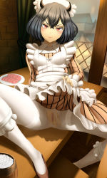 Rule 34 | 1girl, apron, black clover, black hair, blush, breasts, bridal garter, closed mouth, clothes lift, dkoro, dress, dress lift, female focus, food, hair between eyes, highres, horns, indoors, lifting own clothes, long sleeves, maid, maid apron, maid headdress, on table, pantyhose, pussy, reclining, red eyes, secre swallowtail, short hair, small breasts, smirk, solo, spread legs, striped clothes, striped dress, table, thighs, torn clothes, torn pantyhose, white pantyhose, window, wooden floor, wooden table