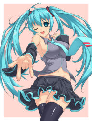 Rule 34 | 1girl, aqua eyes, aqua hair, bare shoulders, bitaraga, black thighhighs, breasts, detached sleeves, hair ornament, hatsune miku, large breasts, navel, necktie, one eye closed, open mouth, panties, shiny skin, skirt, solo, striped clothes, striped panties, thighhighs, twintails, underwear, vocaloid, wink