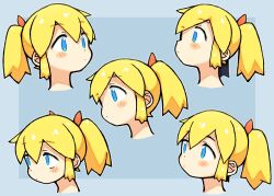 Rule 34 | 1girl, bachera, blonde hair, blue background, blue eyes, blush stickers, closed mouth, commentary, hair between eyes, hair ribbon, head only, multiple views, original, pakky (bachera), ponytail, red ribbon, ribbon, sidelocks, two-tone background