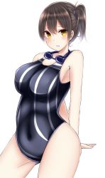 Rule 34 | 10s, 1girl, absurdres, alternate costume, bare shoulders, blush, breasts, brown hair, competition swimsuit, curvy, female focus, goggles, goggles around neck, highres, kaga (kancolle), kantai collection, large breasts, looking at viewer, mizukoshi (marumi), one-piece swimsuit, parted lips, school swimsuit, short hair, side ponytail, simple background, solo, swimsuit, wide hips, yellow eyes
