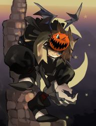 Rule 34 | 1boy, black pants, blue eyes, brown hair, crescent moon, demon wings, fangs, fangs out, full body, gloves, highres, kingdom hearts, looking at viewer, male focus, mask, mask on head, moon, official alternate costume, one eye covered, pants, pointy footwear, pumpkin mask, short hair, solo, sora (kingdom hearts), spiked hair, squatting, star (symbol), talesofmea, white gloves, wings