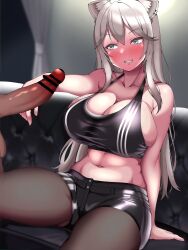 Rule 34 | 1boy, 1girl, absurdres, alcohol, animal ears, bar censor, blush, breasts, censored, cleavage, clothed female nude male, clothes, dark-skinned male, dark skin, earrings, erection, grey eyes, grey hair, highres, hololive, imminent penetration, interracial, jewelry, large breasts, large penis, long hair, netorare, nude, penis, piercing, shishiro botan, sitting, smile, virtual youtuber, yorozukaki