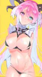 Rule 34 | 1girl, aqua eyes, arms behind back, bare arms, bare shoulders, belt, between breasts, bikini, black bikini, blurry, blush, breasts, chest harness, cleavage, closed mouth, commentary, cowboy shot, demon girl, demon horns, forehead, frills, goat horns, hair between eyes, harness, head tilt, heterochromia, highres, horns, large breasts, long hair, looking at viewer, micro bikini, moco (moco michi), navel, original, pink hair, purple eyes, revealing clothes, shadow, signature, simple background, smile, solo, swimsuit, thighs, wet, yellow background