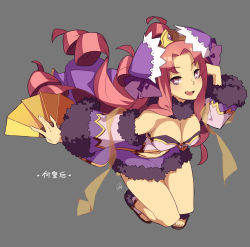 Rule 34 | 1girl, 92m, breasts, cleavage, crown, dress, hand fan, folding fan, hat, jumping, kakougou, large breasts, long hair, looking at viewer, open mouth, pink hair, sangokushi puzzle taisen, smile, solo