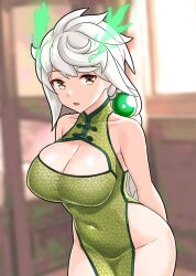 Rule 34 | 1girl, absurdly long hair, alternate costume, arms behind back, asymmetrical hair, blurry, blurry background, blush, braid, breasts, china dress, chinese clothes, cleavage, covered navel, cowboy shot, dress, furaggu (frag 0416), green dress, groin, highres, kantai collection, large breasts, long hair, looking at viewer, open mouth, pelvic curtain, single braid, sleeveless, sleeveless dress, solo, unryuu (kancolle), very long hair, white hair, yellow eyes