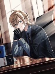 Rule 34 | 1boy, ahoge, azuma hatori, binder, black jacket, black necktie, blue eyes, brown hair, chair, closed mouth, collared shirt, curtains, earrings, elbows on table, grey shirt, hair between eyes, half updo, head rest, indoors, jacket, jewelry, kanae (nijisanji), layered sleeves, light particles, light rays, long sleeves, looking at viewer, male focus, medium hair, mole, mole under eye, necktie, nijisanji, office chair, official alternate costume, own hands together, paper, shirt, sitting, smile, solo, stud earrings, sunlight, swivel chair, table, upper body, virtual youtuber, wide sleeves, window, wooden table