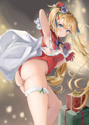Rule 34 | 1girl, ass, blonde hair, blue eyes, blush, box, bradamante (fate), breasts, capelet, christmas, fate/grand order, fate (series), fur trim, gift, gift box, gloves, hat, highres, large breasts, long hair, looking at viewer, mikanagi yuri, red capelet, red gloves, red hat, sack, santa costume, santa hat, solo, thigh strap, thighs, twintails, very long hair, wedgie