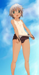 Rule 34 | 1girl, blush, flat chest, kesuida, looking at viewer, nipples, one-piece swimsuit, open mouth, original, short hair, smile, solo, swimsuit, tan, tanline, topless, undressing