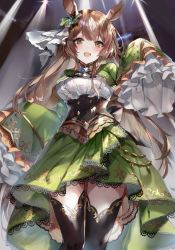 Rule 34 | 1girl, :d, animal ears, black thighhighs, blush, bow, breasts, brown eyes, brown hair, commentary request, corset, cropped jacket, ear ribbon, frilled sleeves, frills, green jacket, green skirt, hand up, highres, horse ears, horse girl, jacket, long hair, long sleeves, open mouth, satono diamond (umamusume), shirt, skirt, sleeves past fingers, sleeves past wrists, smile, solo, soraneko hino, stage lights, standing, thighhighs, umamusume, very long hair, white shirt