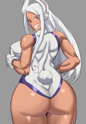 Rule 34 | 1girl, absurdres, ass, bare shoulders, boku no hero academia, dark-skinned female, dark skin, from behind, gloves, grey background, highres, huge ass, hyenahonk, long hair, looking at viewer, looking back, mirko, muscular, muscular female, rabbit ears, rabbit girl, rabbit tail, red eyes, sleeveless, smile, solo, thick thighs, thighs, thumbs up, white gloves, white hair, wide hips