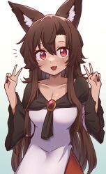 Rule 34 | 1girl, animal ears, blush, brown hair, double v, dress, fang, fingernails, hair between eyes, imaizumi kagerou, long fingernails, long hair, long sleeves, nail polish, open mouth, red dress, red eyes, red nails, sharp fingernails, smile, solo, touhou, upper body, v, white dress, wide sleeves, wolf ears, wool (miwol)