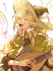 Rule 34 | 1boy, :d, ^ ^, blonde hair, blush, braid, caro (granblue fantasy), cloak, closed eyes, collared cloak, cunonn, granblue fantasy, green cloak, green headwear, happy tears, instrument, long hair, lute (instrument), male focus, music, musical note, open mouth, playing instrument, pointy hat, single braid, smile, solo, staff (music), swept bangs, tears, teeth, upper body, upper teeth only, white background
