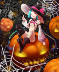Rule 34 | 1girl, aqua hair, bare shoulders, black footwear, black hat, black legwear, blue hair, boots, bow, costume, detached sleeves, halloween, hat, hat bow, highres, jack-o&#039;-lantern, jinx (league of legends), kezi, league of legends, long hair, one eye closed, open mouth, pink bow, pink eyes, pumpkin, silk, sitting, solo, spider web, torn clothes, twintails, wink, witch hat