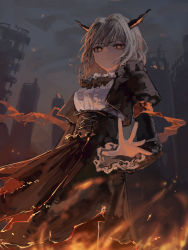 Rule 34 | 1girl, absurdres, arknights, armband, ascot, black ascot, black dress, city, dragon horns, dress, feet out of frame, fire, grey hair, grey sky, highres, horns, looking at viewer, orange eyes, orange ribbon, originium arts (arknights), outstretched hand, ribbon, ruins, short hair, sky, smoke, solo, talulah (arknights), two-tone dress, white dress, yoon cook