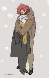 Rule 34 | 0321smith, 2girls, artist name, black coat, black pants, brown coat, brown gloves, brown jacket, brown pants, brown scarf, closed mouth, coat, commentary request, full body, gloves, grey background, grey eyes, grey hair, gundam, gundam suisei no majo, hug, jacket, miorine rembran, multiple girls, pants, red hair, scarf, short hair, smile, suletta mercury, winter clothes, yuri