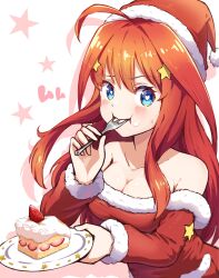 Rule 34 | 1girl, :i, ahoge, bare shoulders, blue eyes, blush, breasts, bright pupils, cake, cake slice, christmas, cleavage, collarbone, commentary, dress, eating, eyelashes, food, fork, fruit, fur-trimmed dress, fur-trimmed sleeves, fur trim, furrowed brow, go-toubun no hanayome, hair between eyes, hair ornament, hat, heart, heart-shaped pupils, highres, holding, holding fork, holding tray, hyoe (hachiechi), large breasts, long hair, long sleeves, looking at viewer, merry christmas, nakano itsuki, red hair, santa costume, santa dress, santa hat, shadow, sidelocks, simple background, solo, star (symbol), star hair ornament, starry background, strawberry, symbol-shaped pupils, tray, upper body, utensil in mouth, white background, white pupils