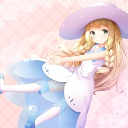 Rule 34 | 1girl, bad id, bad pixiv id, blonde hair, blue footwear, blush, braid, closed mouth, collared dress, commentary request, creatures (company), dress, game freak, green eyes, hat, interlocked fingers, kamowasa, lillie (pokemon), long hair, looking at viewer, nintendo, own hands together, pokemon, pokemon sm, see-through, shoes, sleeveless, sleeveless dress, smile, socks, solo, stretching, sun hat, twin braids, white dress, white hat, white socks