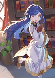 1girl, :d, bangs, blue hair, blush, book, bookshelf, braid, braided bangs, bright pupils, commentary request, curtains, day, flower, gold footwear, gold trim, hair flower, hair ornament, highres, holding, holding book, honzuki no gekokujou, indoors, light particles, loafers, long hair, long sleeves, looking to the side, maine (honzuki no gekokujou), open mouth, orange eyes, plant, potted plant, red curtains, rin falcon, shoes, smile, solo, swept bangs, walking, white legwear, white pupils, white robe, wide sleeves, window, yellow footwear