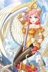 Rule 34 | 1girl, absurdres, angel, blue eyes, breasts, chain, cleavage, da-mii, day, feathers, highres, large breasts, original, pink hair, scythe, sky, smile, solo, wings