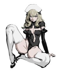 Rule 34 | 1girl, arm support, black footwear, black leotard, blonde hair, breasts, cleavage, cross cutout, elbow gloves, full body, gloves, grey eyes, groin, high heels, highleg, highleg leotard, leotard, long hair, looking at viewer, original, parted lips, quuni, simple background, sitting, small breasts, solo, spread legs, thighhighs, thighs, white background, white thighhighs