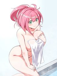 Rule 34 | 1girl, bad id, bad twitter id, blush, breasts, cleavage, covering privates, eyebrows hidden by hair, green eyes, hand on leg, highres, kay yu, large breasts, long hair, looking at viewer, naked towel, navel, no nose, nude cover, original, pink-haired girl (kay yu), pink hair, ponytail, smile, solo, split mouth, steam, towel, water, white background